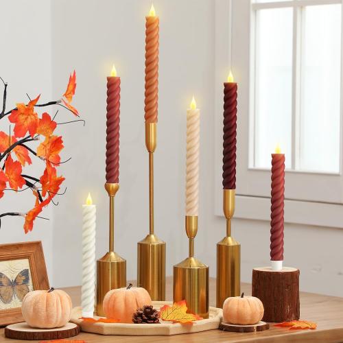 Baquler 6 Pcs Fall Flameless Taper Candles, 9.65 Inch Led, Mixcolor