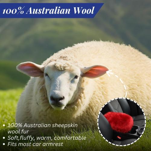 Andalus Brands Pure Australian Sheepskin Fluffy Car Center Console Cover, Luxurious Non-Shedding Furry Arm Rest Cover for Car, Versatile for All Seasons, Red - (11.47 X 6.3)