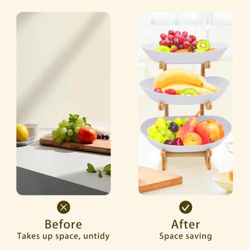 Fruit Bowl for Kitchen Counter, 3 Tier Plastic Serving Bowls with Bamboo Stand, Tiered Fruit Basket for Fruits Vegetable Storage, Cake, Dessert, Nuts, Snack, Salad for Party Wedding