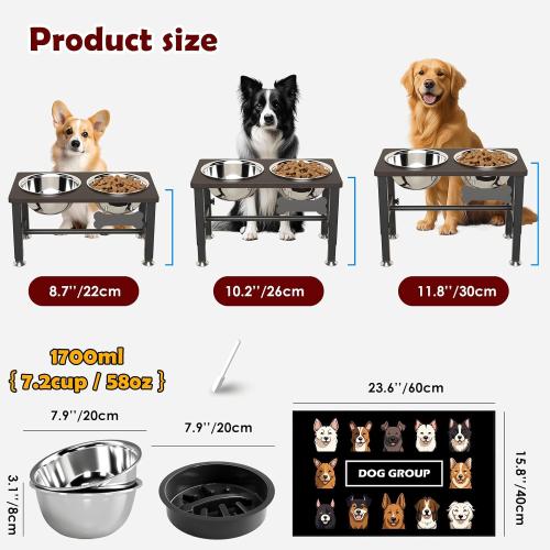 SHAINFUN Elevated Dog Bowls with Slow Feeder & Mat for Medium and Large Dogs, 12 Tall Adjustable Wooden & Metal Raised Dog Bowl Stand, 2 Stainless Steel 58oz Bowls for Food & Water