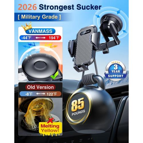 [True Military-Grade] Car Phone Holder VANMASS [Upgraded Strongest Suction&Clip] Cell Phone Mount for Dashboard Windshield Vent Kit, Truck Cradle Stand for iPhone 18 Pro Max 17 16 15 Android,Ink Black