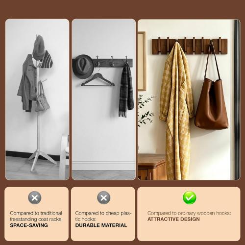 Wood Coat Rack Wall Mount, Coat Hooks Hanger Wall Mounted, Heavy Duty Wall Coat Rack with 8 Hooks for Hanging Coats/Keys/Hats/Robe&Towels/Plants/Bags, Walnut
