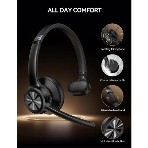TECKNET Trucker Bluetooth Headset, Wireless Headset with Mic for Work, V5.2 Bluetooth Headphones with AI Noise Cancelling Microphone, 60H Battery, On-Ear Headphones for Call Center, Office, Drivers