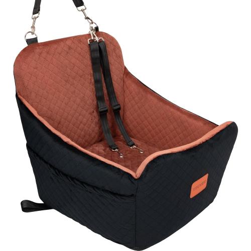 YOUVEE Dog Car Seat for Small/Medium Dog 20lbs 25lbs up to 32 lbs,Fully Detachable and Washable Puppy Booster seat with Storage Pockets,2 Adjustable Safety Belts(Black Outside Brown Inside)