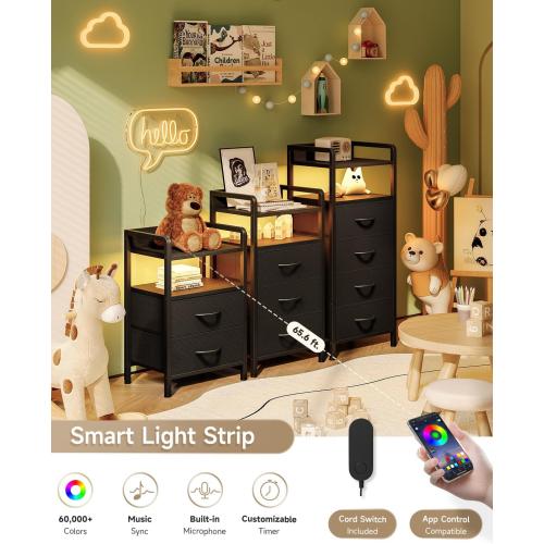 Lazzanto Nightstand with Rear Charging Station, LED Light, 2 Drawers, Black