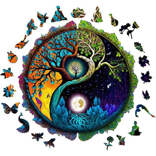 Wooden Puzzles for Adults - 100 Pieces Yinyang Tree of Life Wooden Puzzle - Unique Animal Shape Wood Cut Puzzles - Eco-Friendly Home Office Decor (S-7.9 * 7.9in)