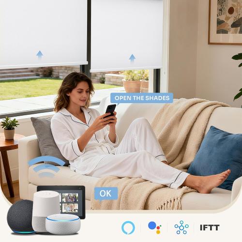 Grandekor No-Drill No Tools Motorized Blinds with Remote |  White Electric Blackout Smart Roller Shade/APP/Voice Control-for Home Office, Living Room