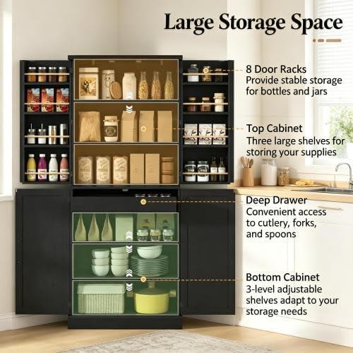 Kitchen Pantry Cabinet, Vertical Storage Cabinet, Black