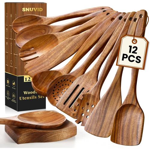 Wooden Spoons for Cooking, **12 Pcs *Teak Wood Kitchen Utensils Set with Spoon Rest - Nonstick Heat Resistant Wooden Cooking Utensils, Natural Healthy Spatula Set for Pots and Pans