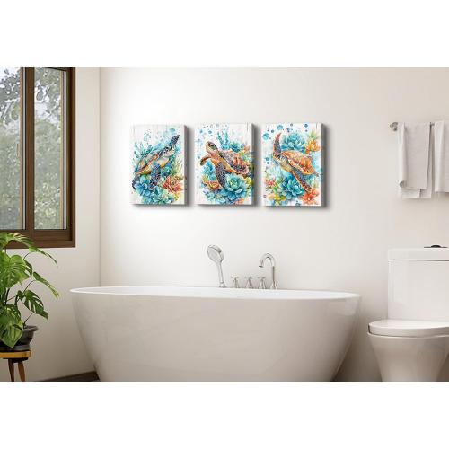 Sea Turtle Wall Decor Teal Ocean Beach Bathroom Wall Art Succulent Pictures Coastal Room Decor Nautical Canvas Paintings Abstract Sea Turtles Theme Posters Artwork Home Bedroom Decoration 12x16” 3Pcs