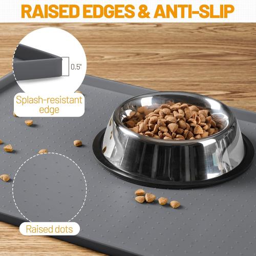 Hubulk Dog Feeding Mat,100% Waterproof Food Grade Silicone Pet Food and Water Bowl Placemat,Dishwasher, High Raised Edge to Prevent Spills,Nonslip Tray to Stop Messes on Floor (24x16x0.5, Grey)