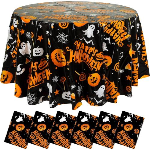 LemonRoad 6 Pack Round Halloween Tablecloths 84 Inch Plastic Table Cover