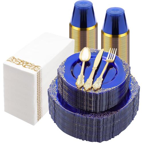 Bestluck 350PCS Clear Blue Plastic Plates for 50 Guests