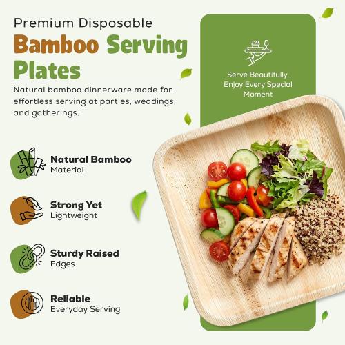 Perfectware Disposable 8 Inch Bamboo Disposable Square Plates (25 Pieces) Bamboo Serving Plates Eco Earth Friendly Dinnerware. Great for Holidays, Weddings, Parties and Catering. 25 Count.