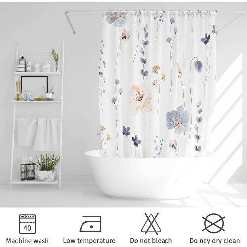 Gibelle Blue Beige Watercolor Floral Fabric Shower Curtain, 36x72