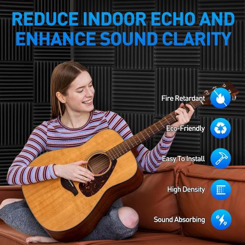 Focusound 120 Pack Acoustic Foam Panels 1 x 12 x 12 Sound Proof Foam Panels Soundproofing Noise Cancelling Wedge Panels for Home Office Recoding Studio with 600 PCS Double-Side Adhesive