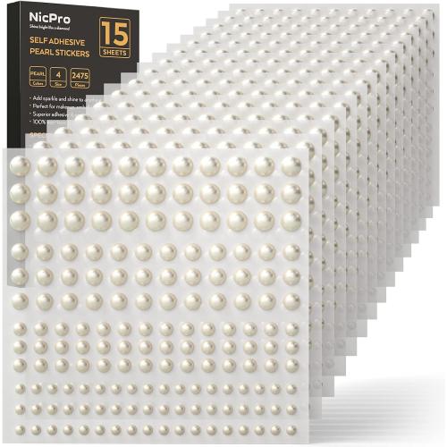 2475 PCS Pearl Stickers Self Adhesive, Nicpro 4 Size Stick On Makeup Pearl Gem White Jewel Decor for Face, Body, Nail, Hair, Phone Art Craft Scrapbooking Embellishments Assorted Size 3mm/4mm/5mm/6mm