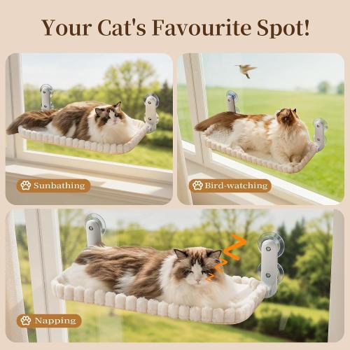 Cat Window Perch, Foldable Cat Hammock, 4 Suction Cups White Medium