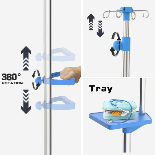 IV Pole with Wheels Medical Portable IV Stand with 4 Hooks and Tray, 52.3“ to 70.8” Height Adjustable, IV Pole Stand for Hospital, Home and Outdoor Use