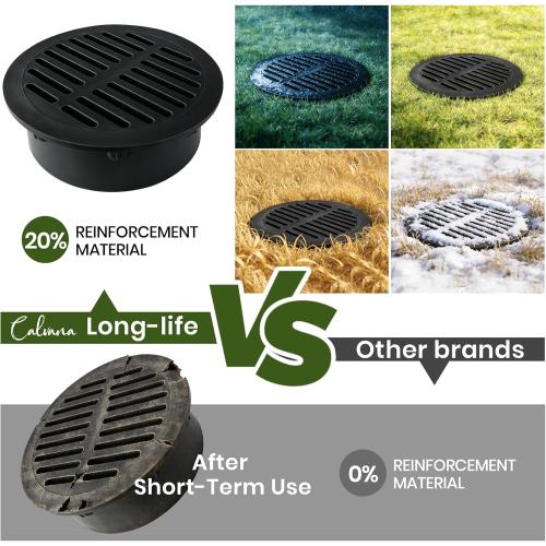 Calvana 4-Pack 6 Inch Round Drain Grate Cover for Yard Drainage, Plastic Outdoor Drain Cover for Lawn, Landscape and Patio, 6 Stormwater Drain Grate Replacement, Black