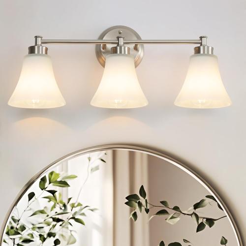LOUSACE 3 Light Bathroom Vanity Light Vintage Brushed Nickel Bathroom Lighting Fixtures Over Mirror, Traditional Wall Sconce Lighting with Opal Glass Shade, Nickel Vanity Lighting Fixture