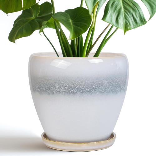 Ceramic Pots for Plants - 8 Inch Planter with Drainage Hole and Saucer, Round Flower Pot for Indoor Outdoor Plants, Decorative Planter, House Patio Decor, Housewarming Gifts, White-Grey