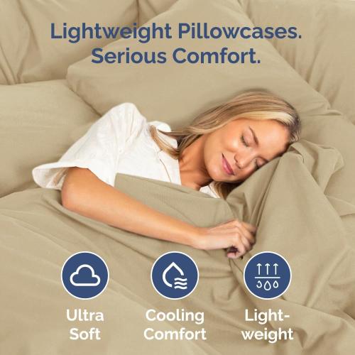 Standard Pillow Cases Set of 2 - Ultra Soft Cozy Pillowcase Covers - Beige