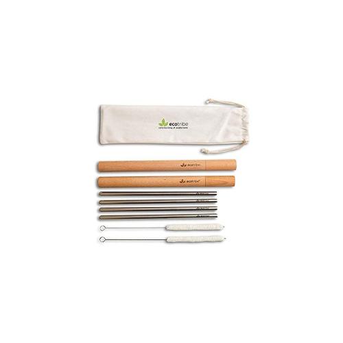 Ecotribe 4 Reusable Metal Straws with Portable Case - Stainless Steel  8.5 - Eco-Friendly Drinking Straw Set with 2 Cleaning Brushes & Travel Bag