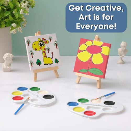 Mini Canvas and Easel Set with Watercolor Paint in Bulk Set of 12 - Kids Art Party Favors & Party Supplies - 4x4 Small Canvases for Painting with Easel - Water Colors Paint for Kids