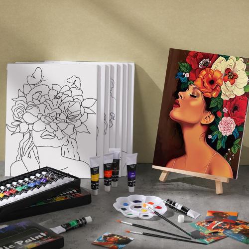 Cholemy 36 Pcs Paint and Sip Kit Gift for Adults 8''x10'',Flower Lady
