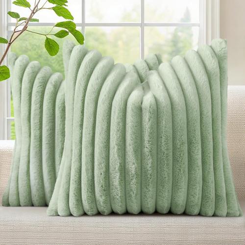 decorUhome Fall Faux Fur Throw Pillow Covers 18x18 Set of 2 Sage Green