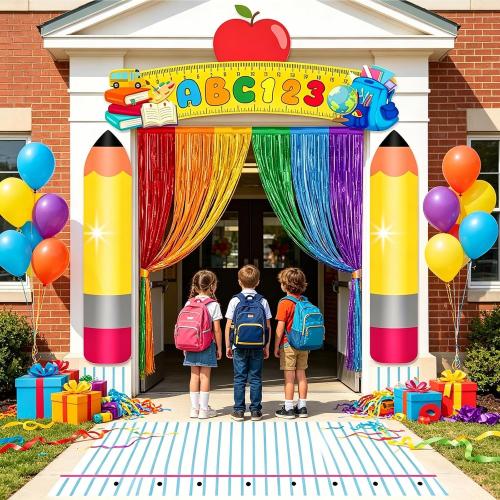 6 Pcs Back to School Door Porch Banner with Rainbow Foil Fringe Curtain First Day of School Classroom Decor ABC Pencil Photo Booth Backdrop Kindergarten Preschool Welcome Back to School Party Supplies