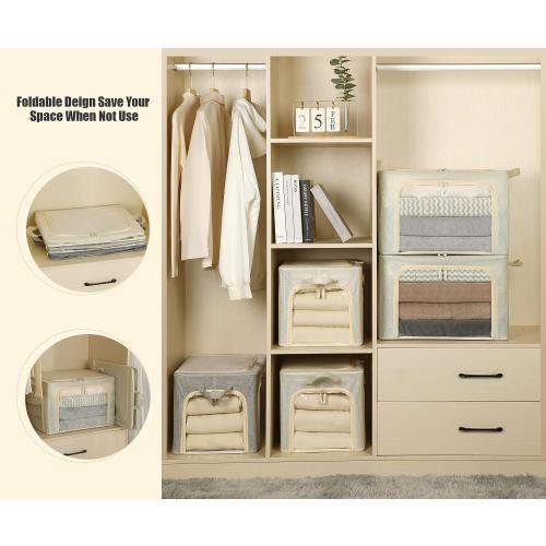 3 Openings Large Clothes Storage Bins with Metal Frame, Foldable Storage Bin for Clothes,Clothing Storage Bins with Lid, Linen Storage Box With Clear Window＆ Zippers＆ Durable Handles.(3 Pcs,Beige,66L)
