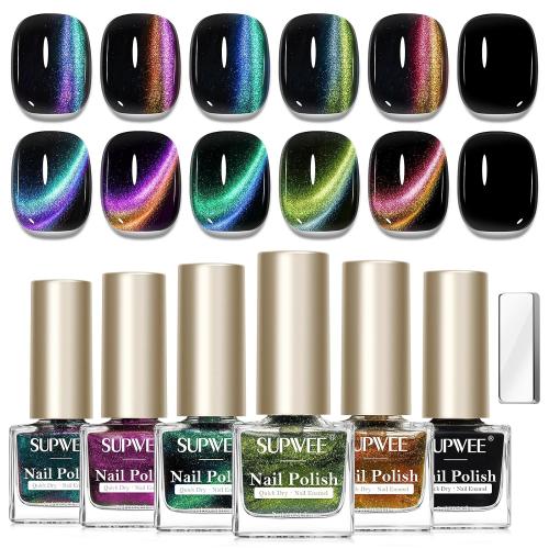 9D Magnetic Nail Polish Set, Cat Eye Nail Polish Non Gel with Magnet, Multi-Color Holographic Glitter Cateye Nail Lacquer Quick Dry High Glossy DIY Salon Gift for Women Girl