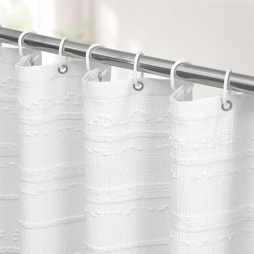 Extra Long Farmhouse White Shower Curtain Boho, 72 x 78 Cotton Blend Tufted Weave Waffle Stripe Textured Heavy Duty, Fabric Shower Curtain for Bathroom, Hotel