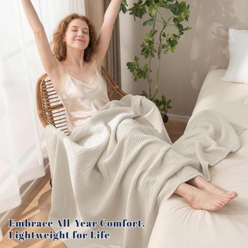 PHF 100% Cotton Muslin Blanket for Adults, Throw XL 50x70, Oat Milk