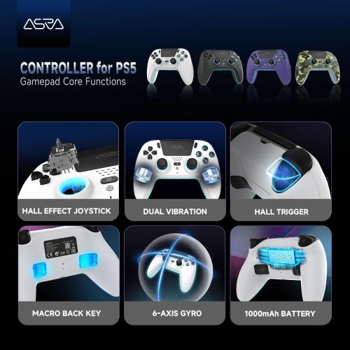 ASRVA White Wireless Pro Controller for P5, Hall Effect Joystick No Drift, 2 Back Paddles, Macro, Gyro, 1000mAh, RGB, Compatible with P5/Pro/Slim/PC/iOS/Android
