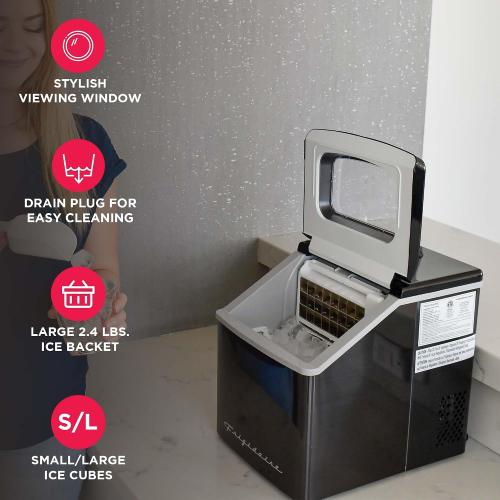 Frigidaire Ice Maker EFIC452, Countertop Stainless Steel Ice Maker with Transparent Window, Clear Ice Cube Maker with 40 lbs. Capacity, Ice Maker Machine – 14.8 D x 11 W x 14.1 H (Black)