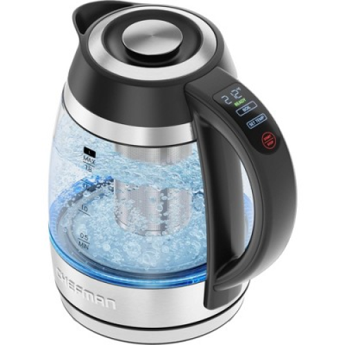 Chefman 1.8L Lightning Borosilicate Glass Electric Kettle: Stainless Steel Lid, 1750W, Hand Wash, Silver & Black Accents