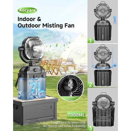 Misting fan with 7L bucket 90°Oscillating ,4 Spray Mister 25000mAh Rechargeable Camping fan with Remote Control Stepless Speed and Timer for Patios/Camping，Waterproof Design Outdoor Fans (Black)