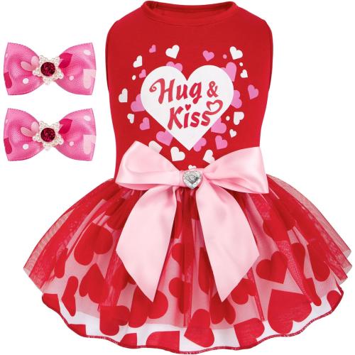cyeollo Dog Valentine's Day Dress Heart Print Tulle Outfit with Hair Bow, S