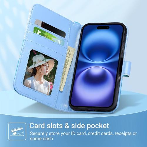 ULAK for iPhone 16 Wallet Case [RFID Blocking], Marble Blue