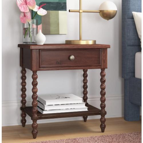 Beckett Morocco Brown Turned Wood Spindle Nightstand with Drawer and Shelf
