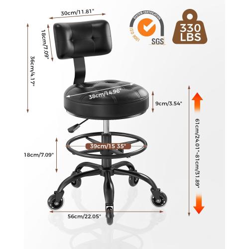 Office Drafting Chair with Footrest, Tall Height Adjustable Stool with Back Support, Heavy Duty Rolling Stool Chair with Wheels for Office Home Kitchen Bar Shop Guitar Studio Vanity, Black