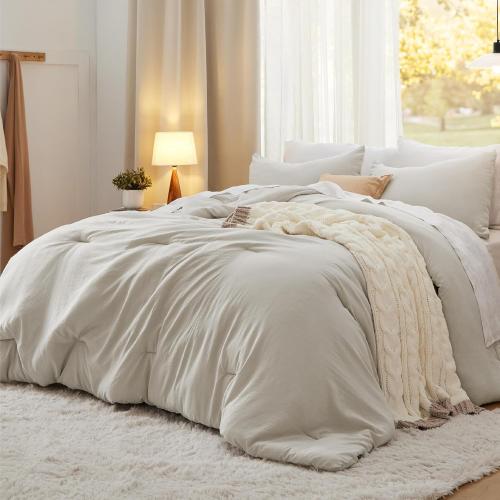 Bedsure Queen Size Comforter Set, Beige Soft Prewashed Bedding for All Seasons, 3 Pieces GentleSoft™ Warm Down Alternative Bed Set, 1 Lightweight Comforter (90x90) and 2 Pillowcases (20x26)