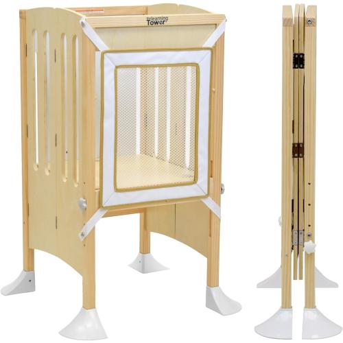 Little Partners Grow 'N Stow Folding Learning Tower, Adjustable Montessori Kitchen Counter Toddler Platform for Cooking, 35 H x 23.25 W x 23 D, Ages 18 mos. to 6 yrs. (Natural)