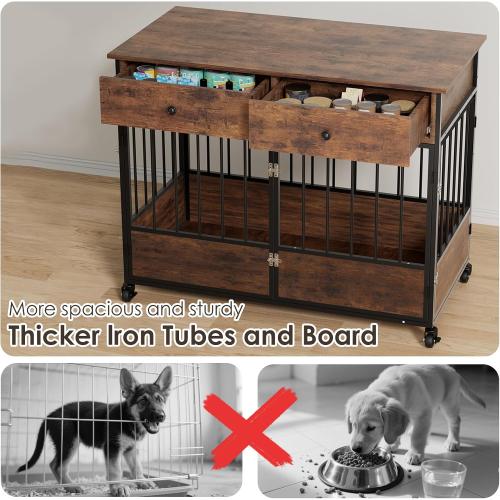 44.5 Dog Crate Furniture, Wooden Dog Kennel with Storage Drawers, Large Dog Cage with Wheels, Heavy Duty Wooden Dog Crate End Table with Steel Tubes for Big Breed