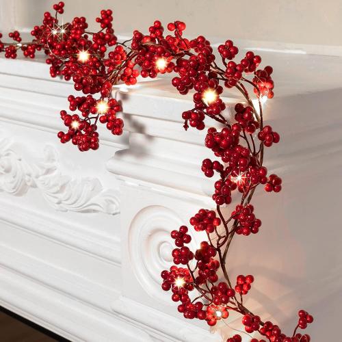 Syhood Christmas Berry String Garland with Lights Thanksgiving Artificial Lighted Garland for Home Xmas Winter Tree Decor Office Fireplace Mantel Decoration Holiday Valentines, 6 Ft (Red,1 Pc)