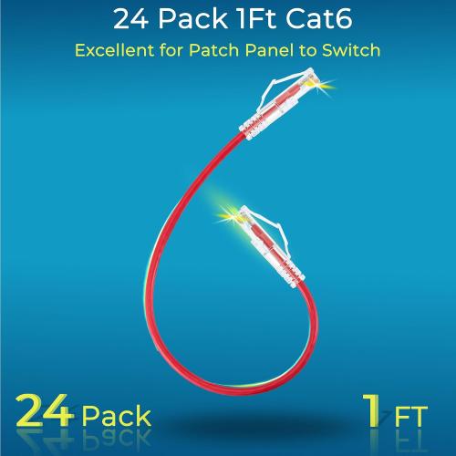 Rapink Slim Cat6/ Cat6a Ethernet Patch Cable 1ft (24 Pack), 10G Support, Snagless, Flexible
