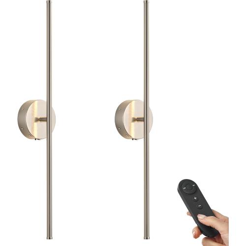 Battery Operated Wall Sconces with Remote Control, Dimmable Wall Sconces Set of Two, 350°Rotate, 3000K LED Nickel Wireless Wall Light for Living Room,Bedroom, Hallway, 28.3 Inch (2 Pack)